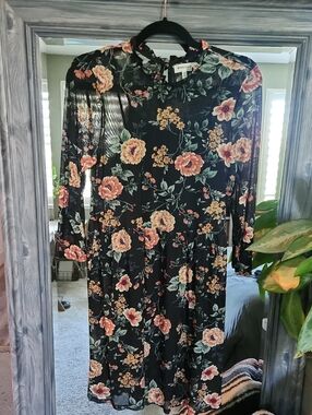Monteau Black Floral Long Sleeve Midi Dress with Blooms
